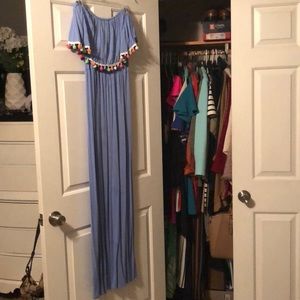 Blue strapless Pom Pom maxi dress